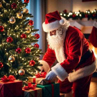 Santa preparing gifts under tree