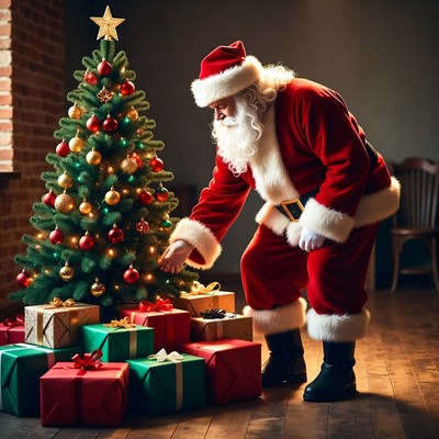 Santa decorating the christmas tree