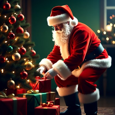 Santa preparing gifts by the christmas tree