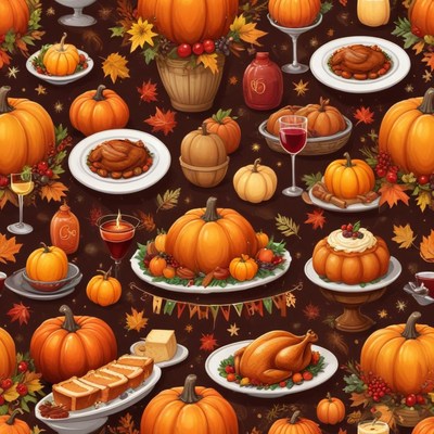 Autumn feast with pumpkins and dishes
