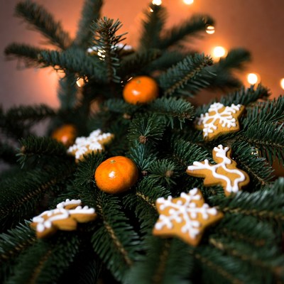 Festive cookies and ornaments on tree