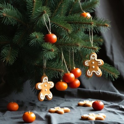 Gingerbread and oranges on tree
