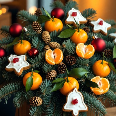 Festive arrangement with oranges and cookies