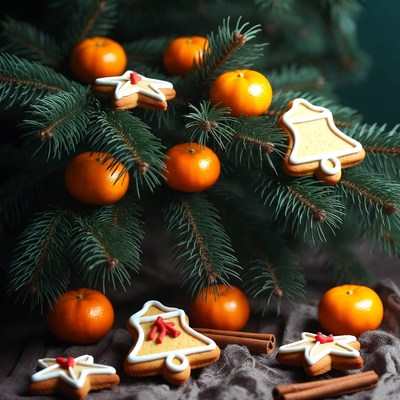 Festive cookies and oranges decor