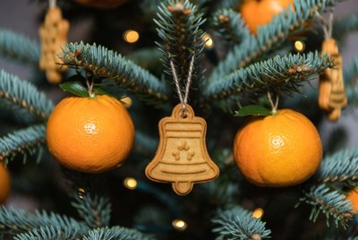 Festive ornaments on christmas tree