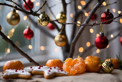 Festive dessert display near decorated tree