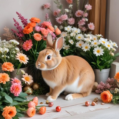 Cute rabbit surrounded by flowers