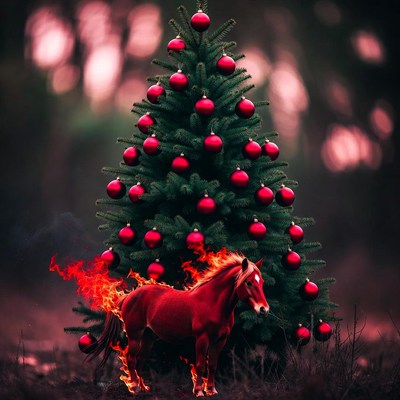 Fiery horse beside christmas tree