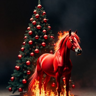 Red horse by christmas tree