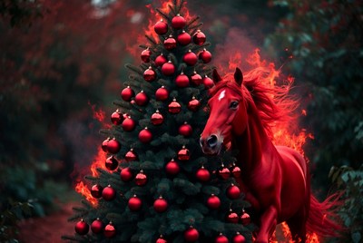 Red horse beside christmas tree