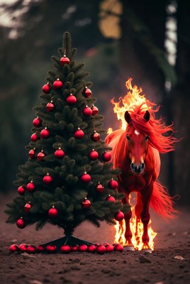 Fiery horse beside christmas tree