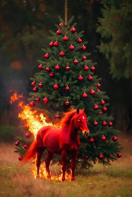 Red horse near festive tree
