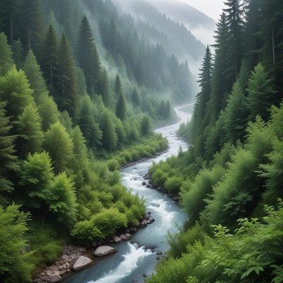 Serene river through lush forest