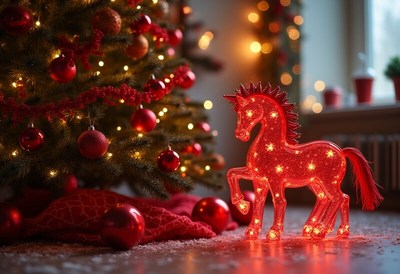 Bright red horse near christmas tree