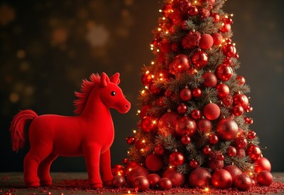 Red plush horse by christmas tree