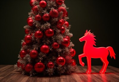 Bright red unicorn beside christmas tree