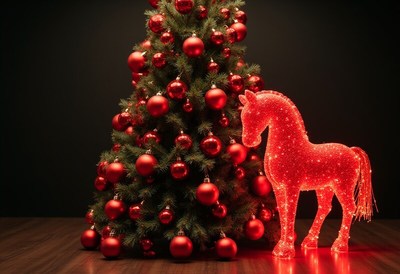 Sparkling red horse by christmas tree