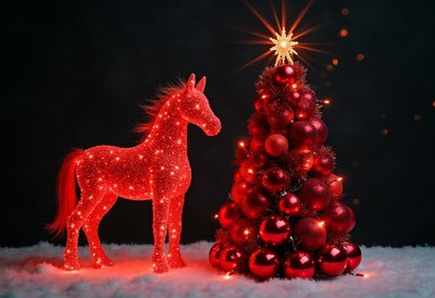 Festive glittering unicorn and christmas tree