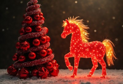 Bright holiday decorations with glowing horse