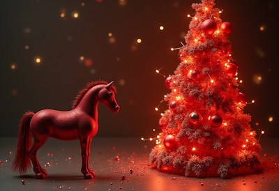 Red horse near christmas tree