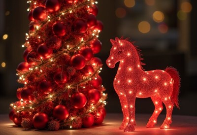 Sparkling horse next to festive tree