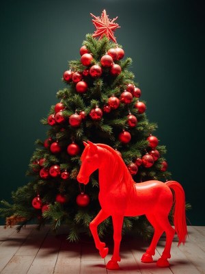 Festive red horse by christmas tree