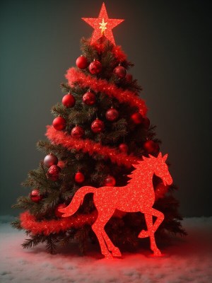Red unicorn next to christmas tree