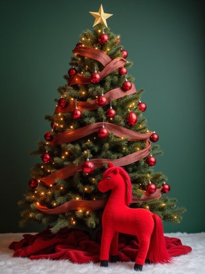 Red horse near christmas tree