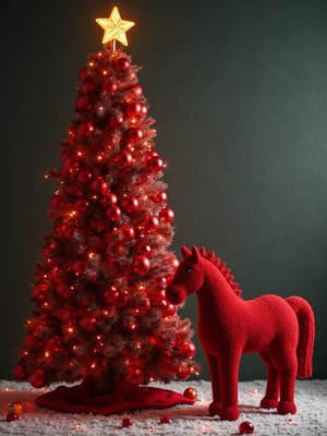 Bright red christmas tree and horse