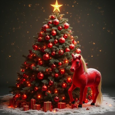 Red horse beside christmas tree