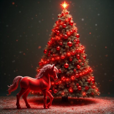 Red horse near festive tree