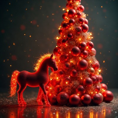 Festive red horse near christmas tree