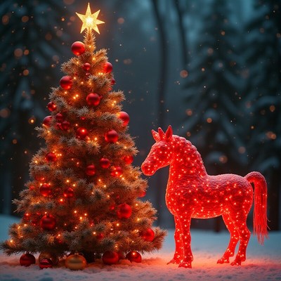 Bright christmas tree with horse
