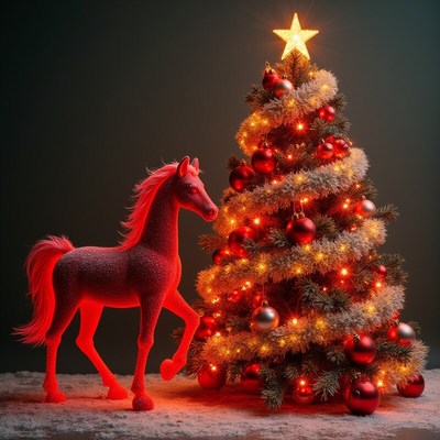 Festive red horse and tree display