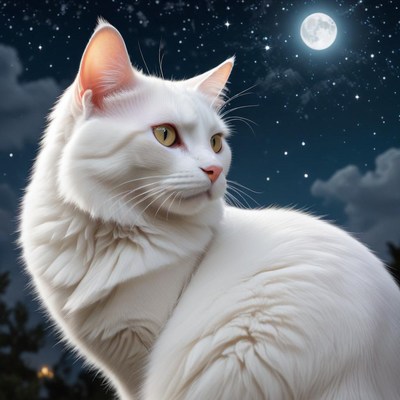 White cat under the moonlight