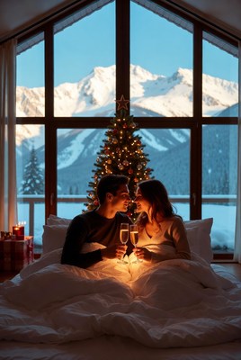 Cozy winter evening in snowy mountain lodge