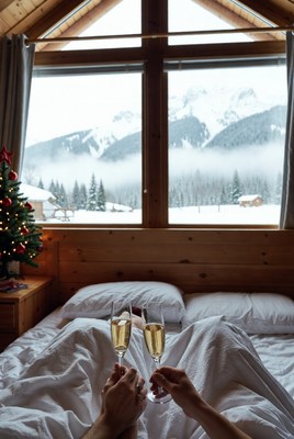 Cozy winter getaway with champagne toast