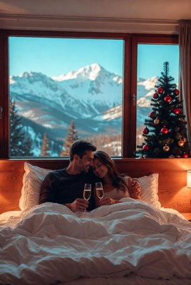 Cozy morning with champagne and mountains