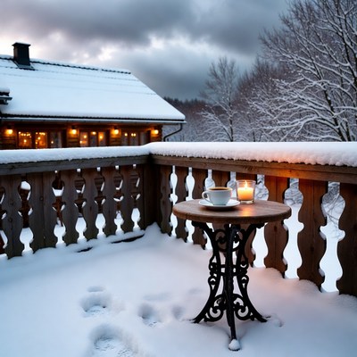 Cozy balcony with winter scene