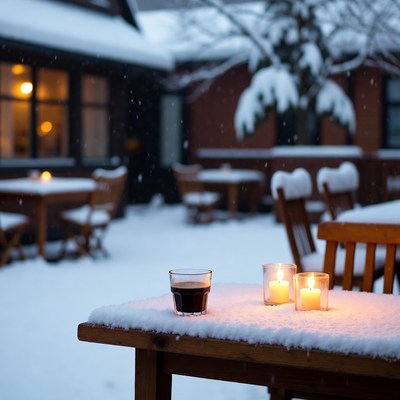 Evening in a snowy cafe