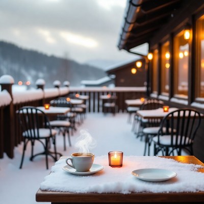 Cozy winter cafe setting at dusk