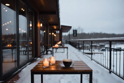 Winter cafe with coffee and candles
