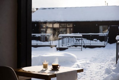 Cozy winter cafe scene with drinks