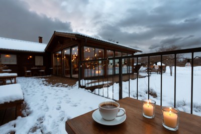 Coffee time in snowy cafe