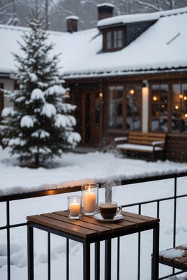 Cozy snowy morning at a cafe