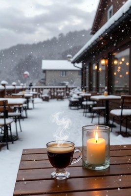 Warm coffee in winter wonderland