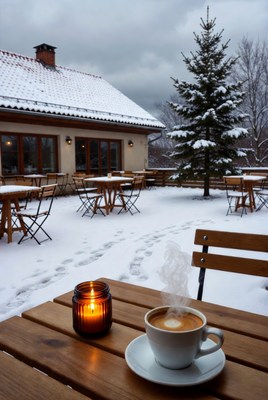 Cozy winter cafe scene with coffee