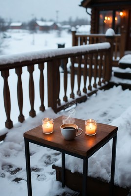 Cozy winter coffee moment on the balcony