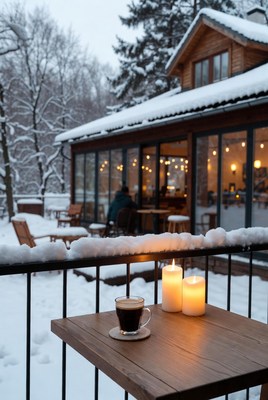 Cozy winter scene with coffee and candles