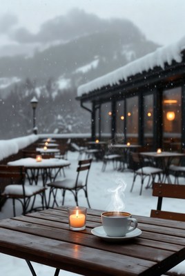 Cozy cafe scene in winter snow
